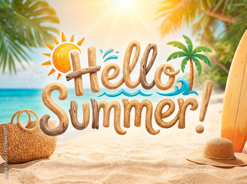Summer beach scene with straw hat, surfboard, and tropical vibe  
