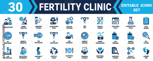 Foto Set of thirty flat fertility clinic icons for medical laboratory and reproductive health care services Minimal solid fill icon set bundle collection