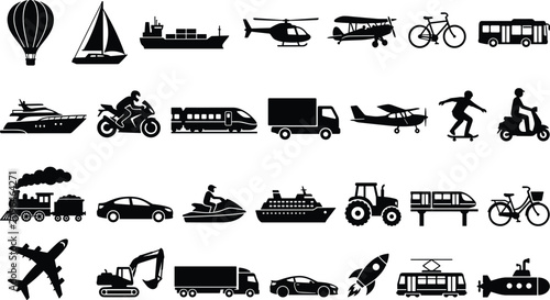 Fotografía Transportation Silhouette Icons Featuring Air, Land, and Water Vehicles for Trav