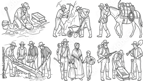 Canvastavla Gold Rush Prospectors and Pioneer Mining Activities Line Art Vector Illustration