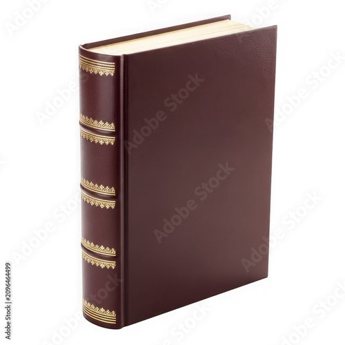 A vintagestyle dark brown hardcover book with gold embossed spine details isolated on transparent background