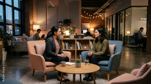 Two Women In Comfy Chairs Discussing Matters In Modern Office Lounge Area
