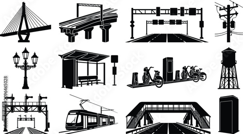 Obraz na plátně Urban Infrastructure and Transportation Silhouette Icons for Modern City Mobilit