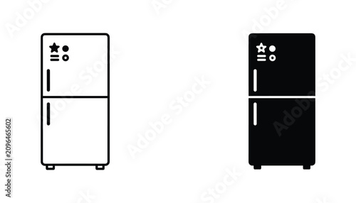Refrigerator vector icon isolated on white Black and white outline line art and solid glyph silhouette