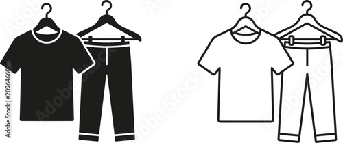 Minimalist clothing vector icon set featuring t-shirt and pants on hangers in solid black and thin outline variations