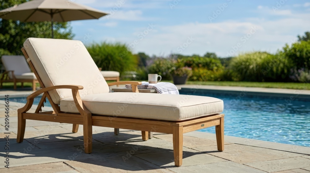 Obraz premium Luxury sun lounger beside a modern swimming pool. Resort style relaxation, outdoor comfort, summer vacation, premium lifestyle, backyard retreat.