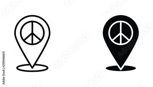 Bild auf Leinwand Peace sign map pin vector icon isolated on white Black and white outline line ar