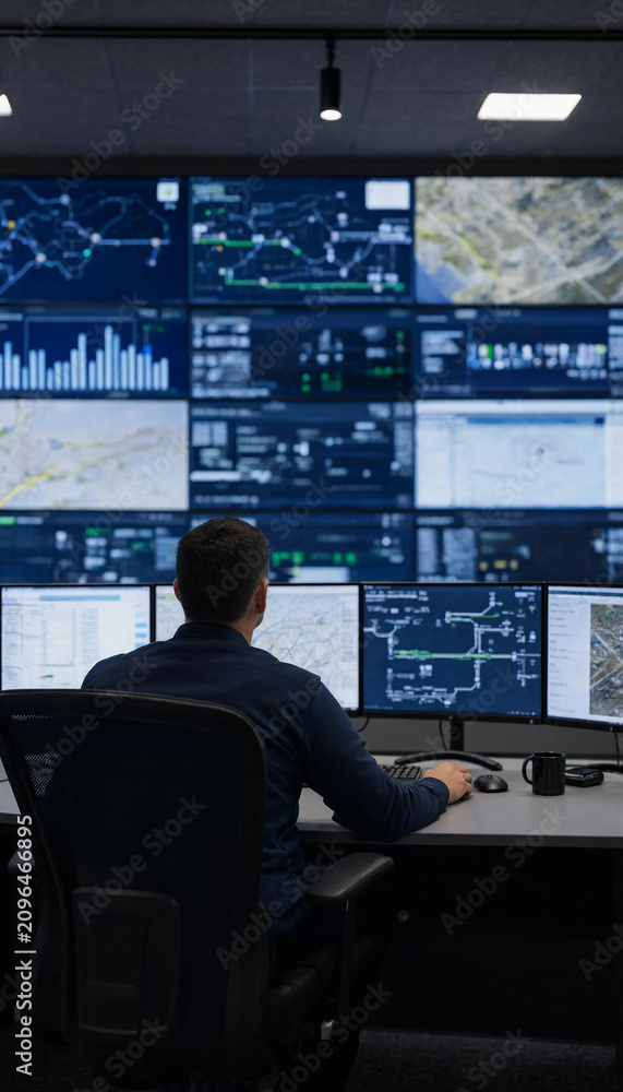 Fototapeta premium Specialist observing complex graphic data charts and system performance metrics on a large wall monitor within a digital command center environment with specialist performance environment