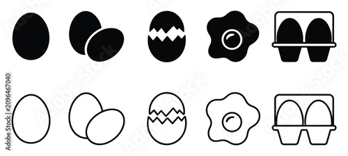 Obraz na płótnie Egg Icons: A collection of diverse egg icons, including whole eggs, cracked eggs, fried eggs, and eggs in a carton, presented in both solid black and outline styles