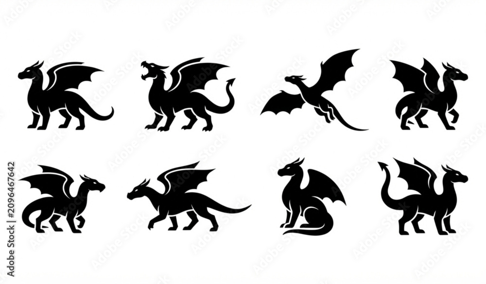 Obraz premium Fantasy Dragon Silhouette Icon Set