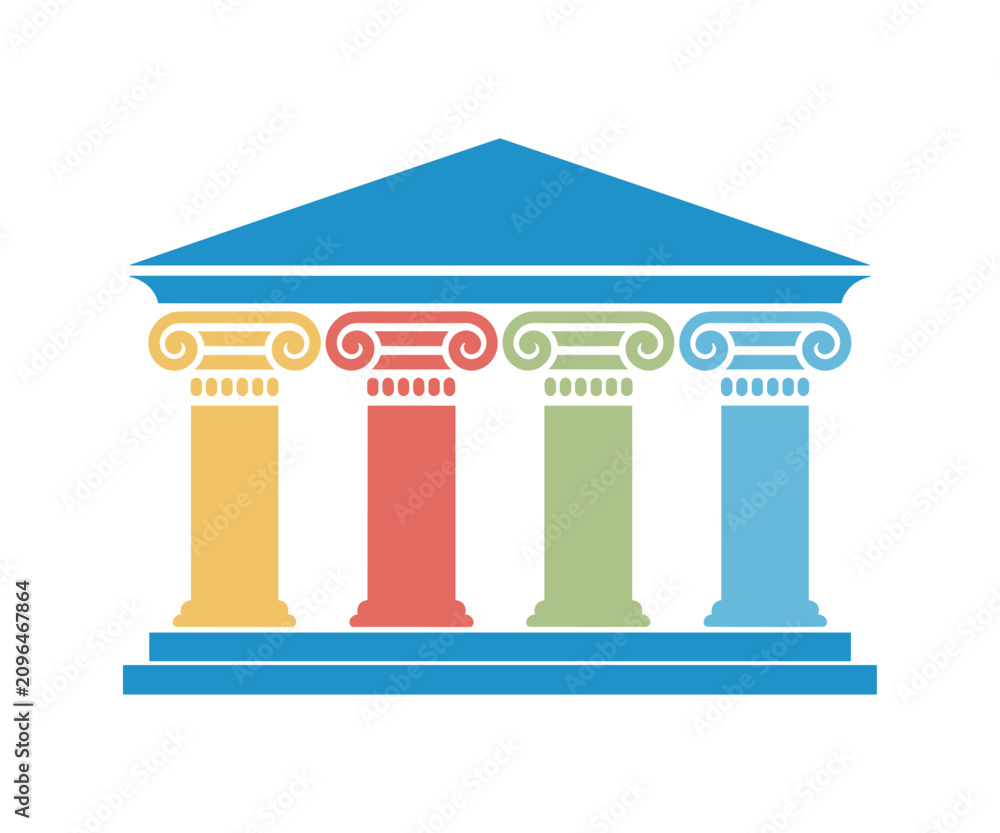 Obraz premium Colorful Abstract Temple Building. A stylized illustration of a modern building with ionic columns, symbolizing stability and different pillars of society or a project.