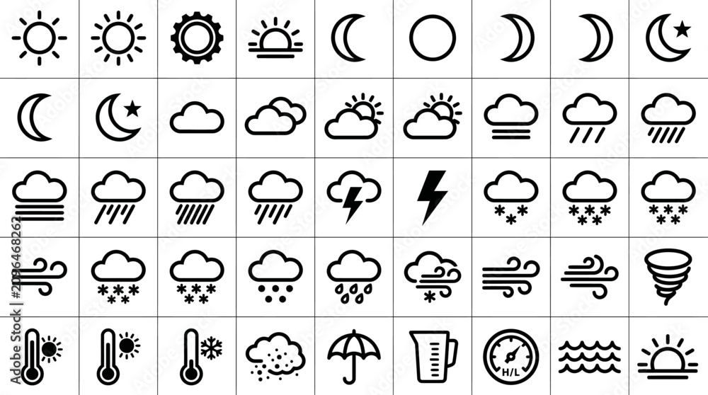 Obraz premium Set of minimal line weather icons showing sun, moon, clouds, rain, snow, wind, temperature and forecast symbols in grid layout