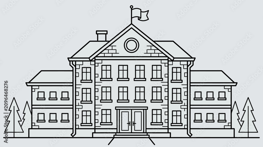 Obraz premium Linear illustration of a classic university campus building with flag and trees on light background