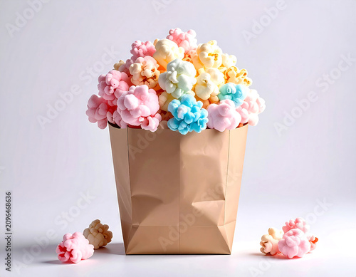 Commercial use. Popcorn in a paper bag. Bright food for movie theaters.