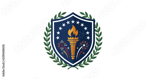 Corporate Shield Logo Design Featuring Flaming Torch Fireworks Stars and Laurel Wreath on Navy with high quality professional line art symbols for modern creative design and digital branding projects