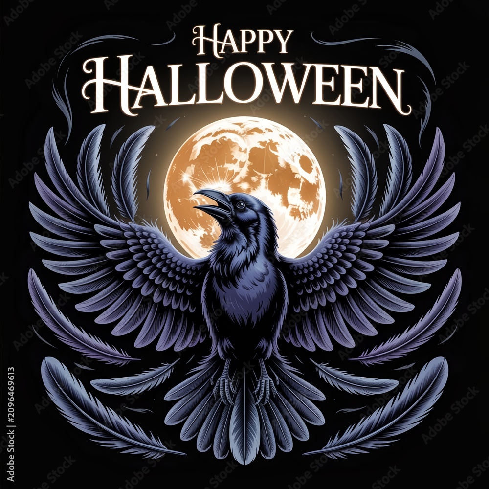 Obraz premium A dark raven with outstretched wings against a glowing orange moon and happy halloween text full hd 4k stock image download