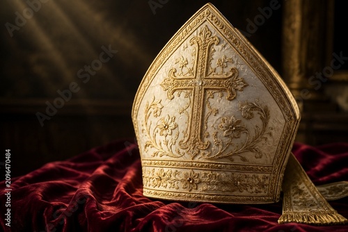 A tall ceremonial bishop's mitre with intricate gold embroidery rests on a rich velvet cloth.