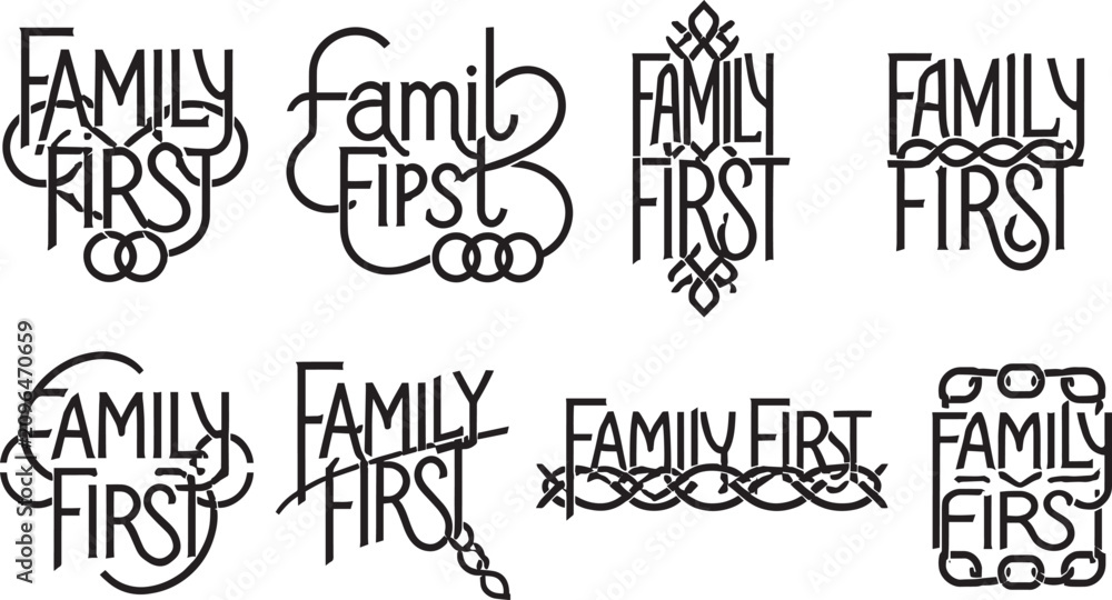 Obraz premium Family first typography lettering icon set with creative ornate monogram and line quotes