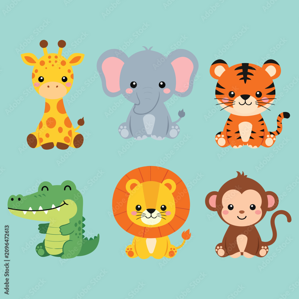 Fototapeta premium Sweet sitting baby zoo animals collection