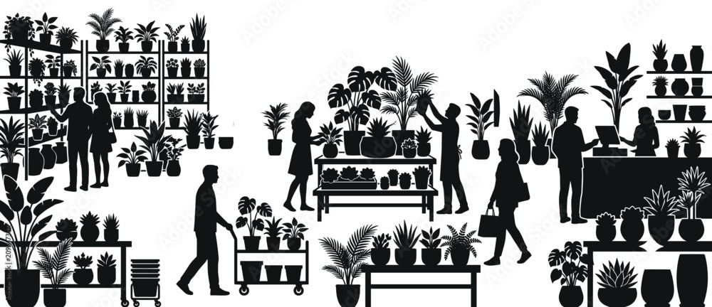 Fototapeta premium Detailed plant nursery shop silhouette with people buying indoor plants and succulents for botanical home gardening decor