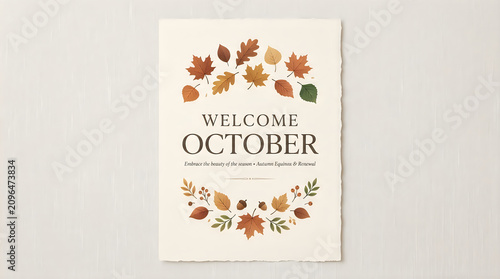 Autumn Leaves Border Welcoming October Text With Subtle Floral Accents In Natural Light
