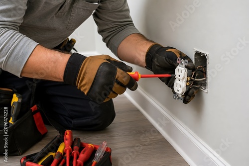 Professional electrician repairing electrical outlet with tools