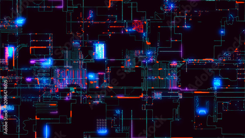 A digital circuit with neon lines, pulses, and glowing nodes against a dark background. The technological network evokes the structure of an electronic circuit board, the flow of data, and the