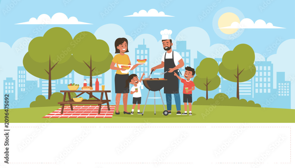 Fototapeta premium Happy family enjoying a summer barbecue picnic in a green city park with a large white banner template for custom text.