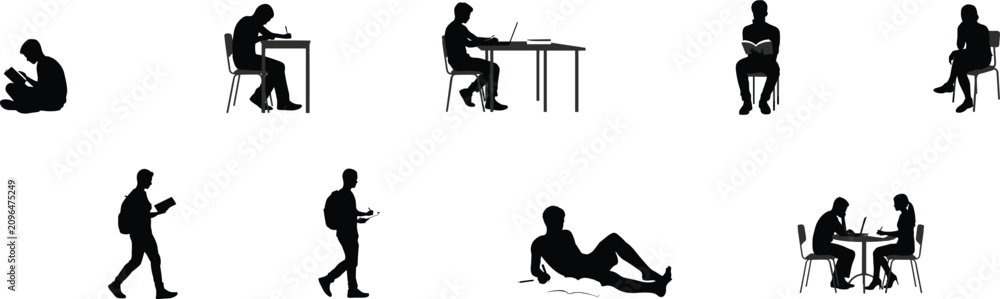 Fototapeta premium Diverse Silhouettes of People Reading and Studying vector illustration