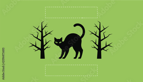 Spooky halloween themed illustration with a black cat arching its back between two bare trees on a green background.