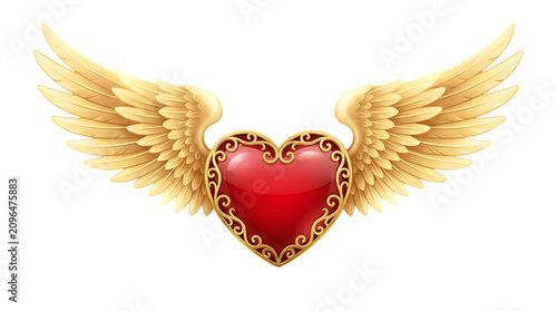 Glossy red heart with golden wings on transparent background with adorned elegant golden