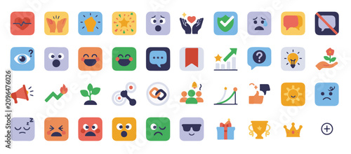 Social Media Emoji and UI UX App Icons Set with Colorful Squircle Button Elements