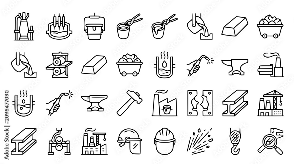 Naklejka premium Metallurgy manufacturing industry vector line icons bundle with steel factory foundry molten metal casting anvil and ironworks equipment