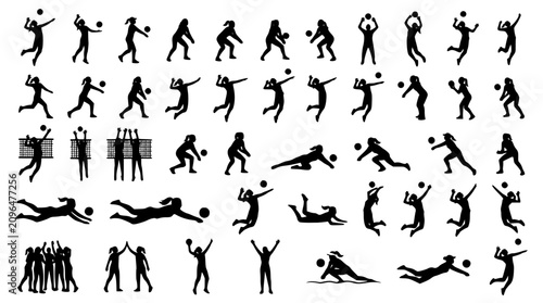 Canvas Print Volleyball female player silhouette icons mega pack featuring jump spikes block