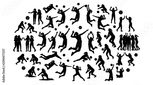 Obraz na płótnie Volleyball athlete team action silhouette icons mega set featuring jumping spike
