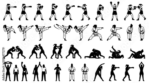 Fotografie Martial arts combat and wrestling silhouette icons mega set containing boxing st