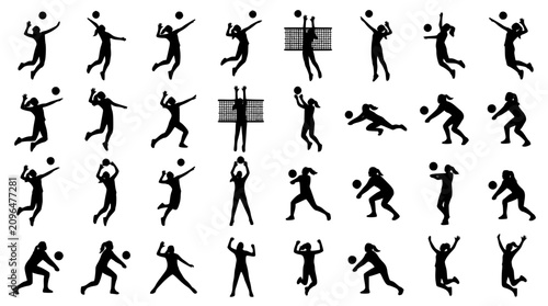 Cuadro en lienzo Volleyball sport player silhouette icons set featuring female athlete action pos
