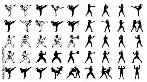 Bild auf Leinwand Martial arts and karate silhouette icons mega set featuring combat fighting pose