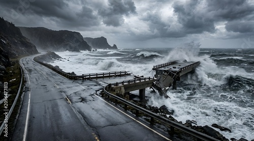 Collapsed concrete bridge over turbulent ocean waves during storm