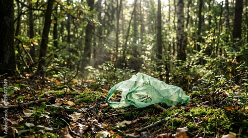 Crumpled translucent green plastic bag discarded on the forest floor