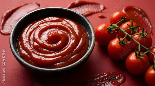Glossy tomato ketchup in a dark bowl with fresh vine tomatoes on red background