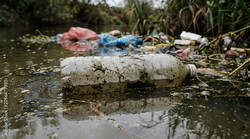 Plastic bottle floating in polluted river water with trash