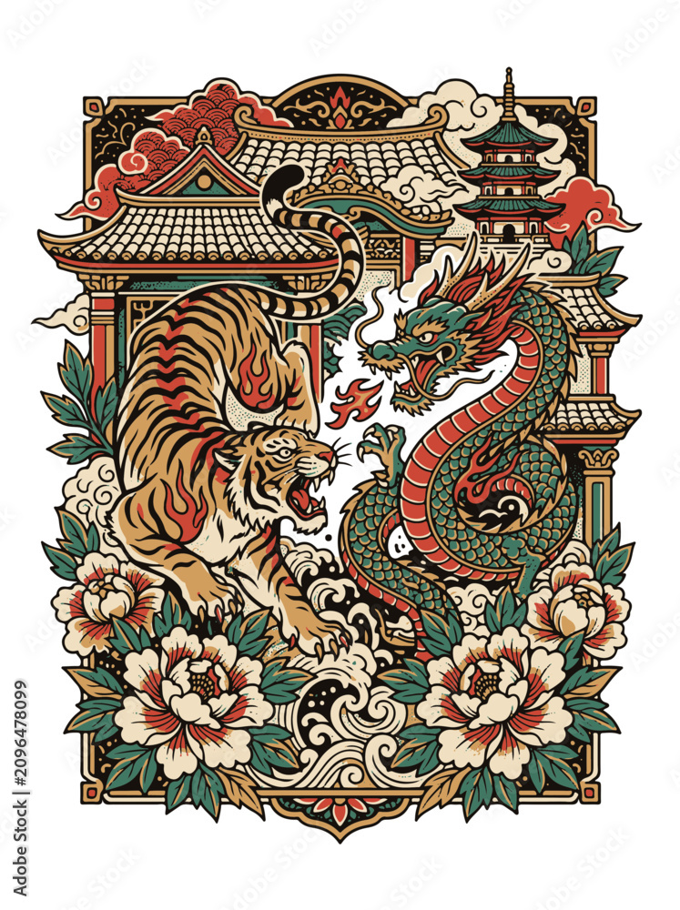 Naklejka premium Tiger Tattoo Artwork in Traditional Japanese Style with Dragon and Peonies
