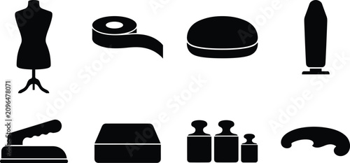 Canvastavla Collection of sewing and tailoring tool silhouette icons isolated on white backg