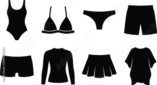 Konstfotografi Collection of swimwear and beach apparel silhouette icons isolated on white back