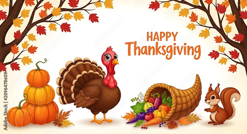 Obraz premium Festive thanksgiving illustration with turkey cornucopia and autumn foliage