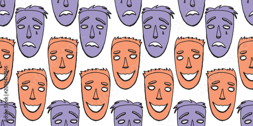 Emotion masks seamless pattern, sadness and glad, outline vector background, orange, lilac, paper, wallpaper