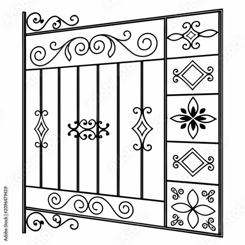 Foto Decorative ornate wrought iron gate element classic geometric frame vector illustration, victorian garden railing fence panel design scrollwork set