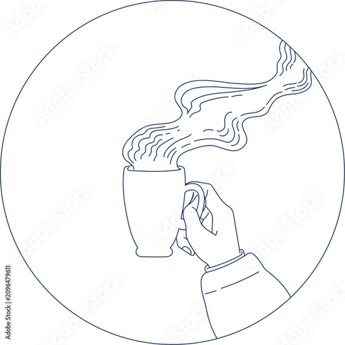 Circle Clipped Vector Illustration Hand Holding Coffee Mug Continuous Line Art Minimalist Cozy Lifestyle Illustration