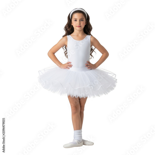Young girl dancer wearing a white ballet tutu and leotard